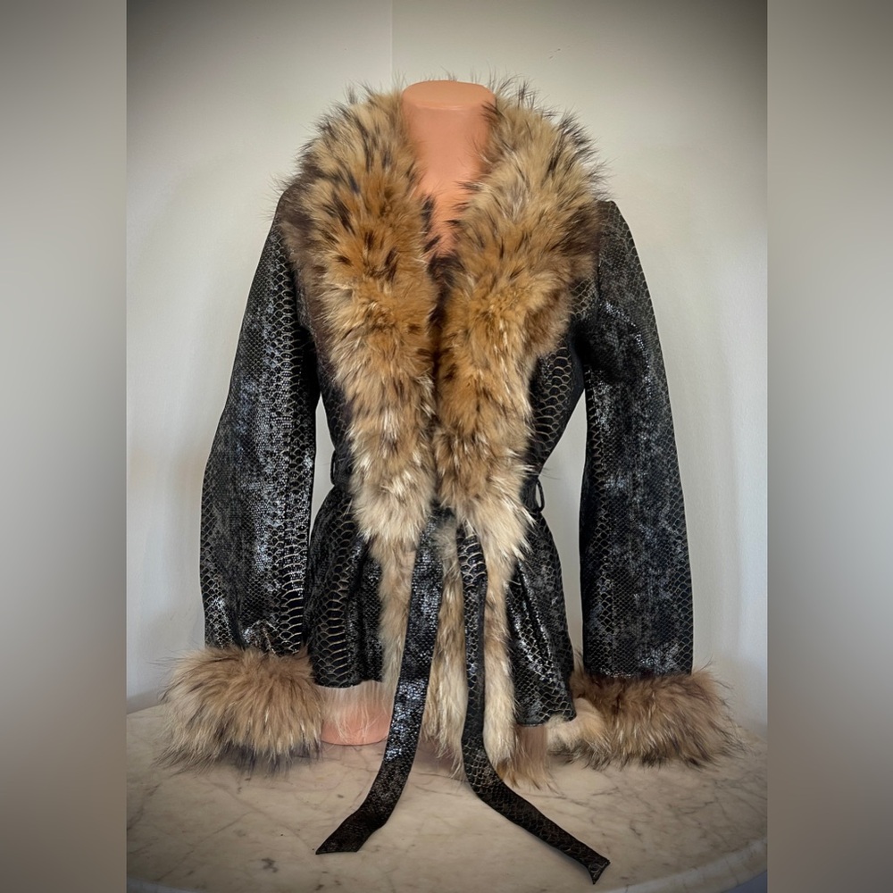 CACHE Leather Jacket w/Raccoon Fur Trim Sz 0 (XS, will also fit 2, 4) 🌟Mob Wife
